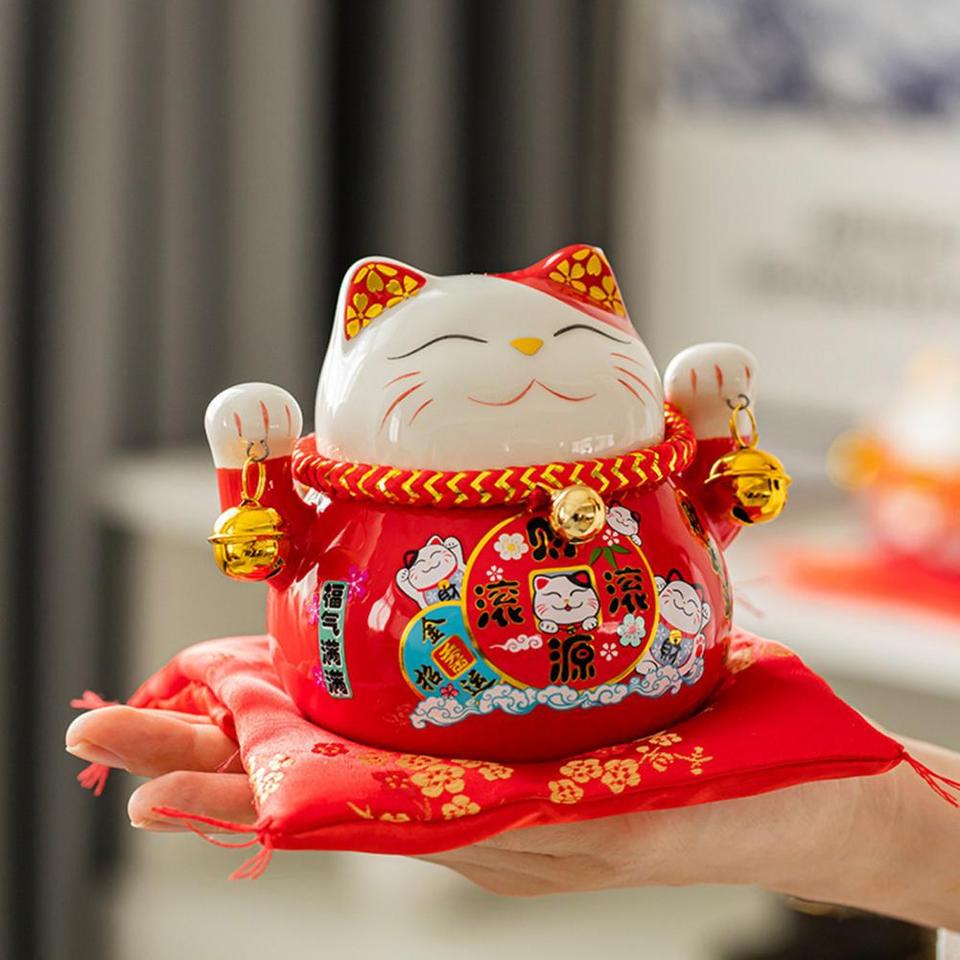 Maneki Neko De Cerámica - Gato De La Suerte Dorado, 17 Cm, Con Movimiento De Pata